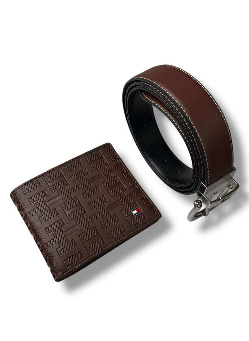 TH Brown Leather Wallet-Belt Set For Men 4#