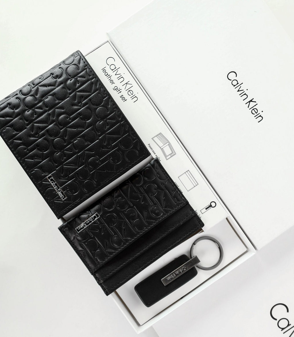 CK Black Monogram Leather Wallet-Keychain-Card Holder Set For Men 4#