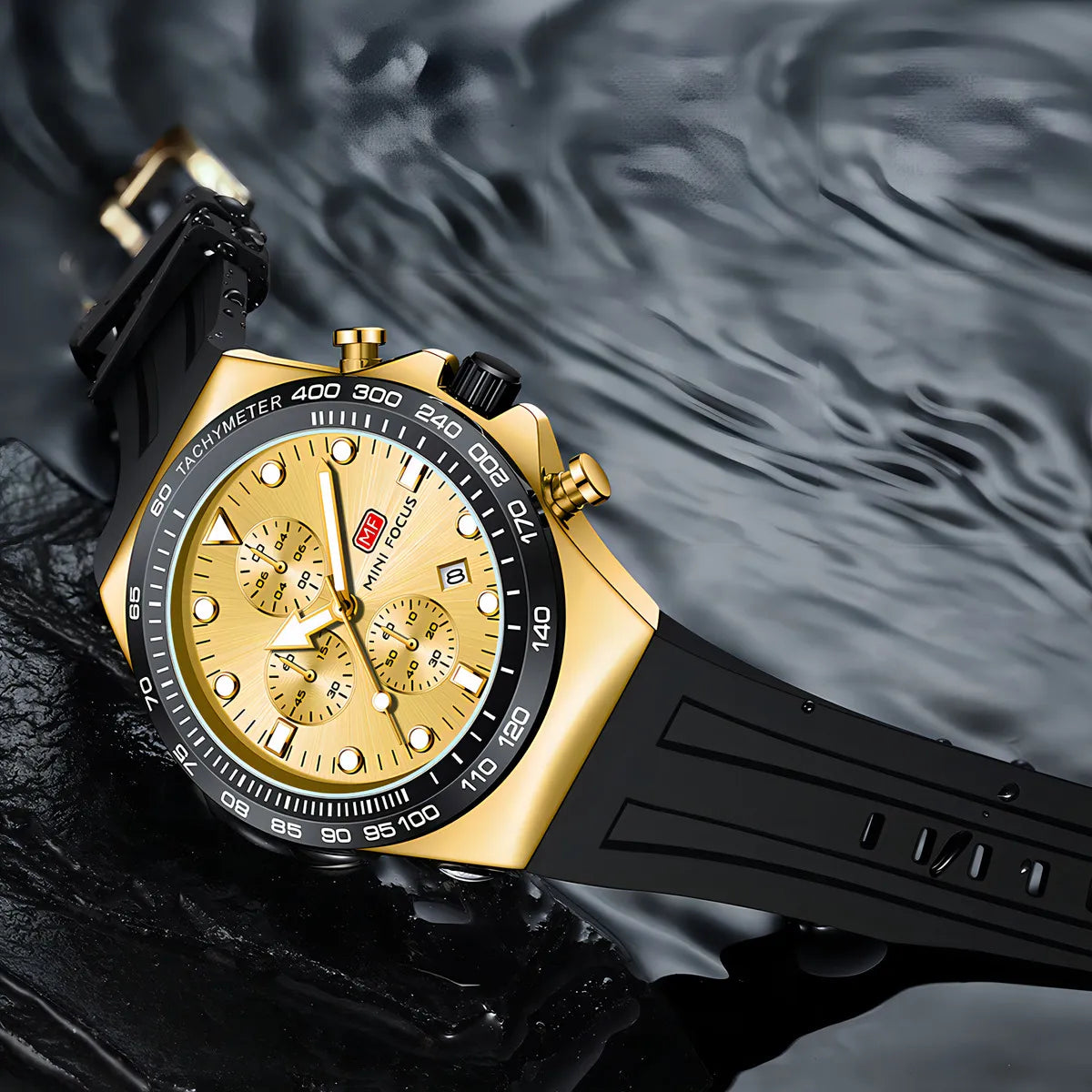 Mini Focus Watch with Gold Dial & Black Strap For Men MF0488G