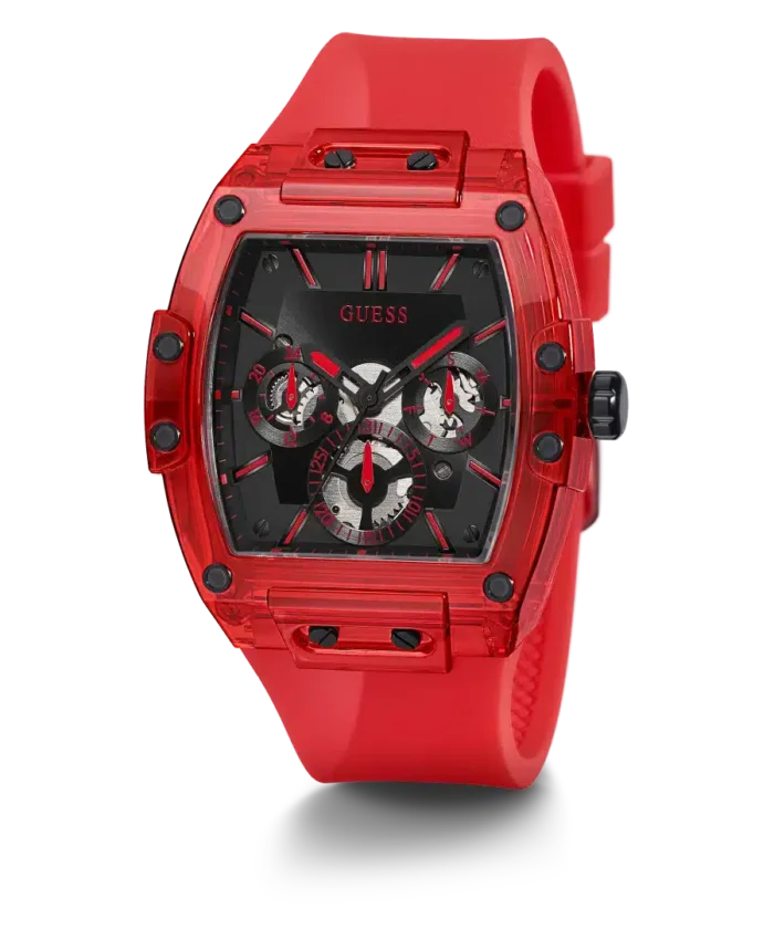 Guess Men's Watch – Model GW0203G5 | Phoenix Collection – Bold Square Design with Red Silicone Strap