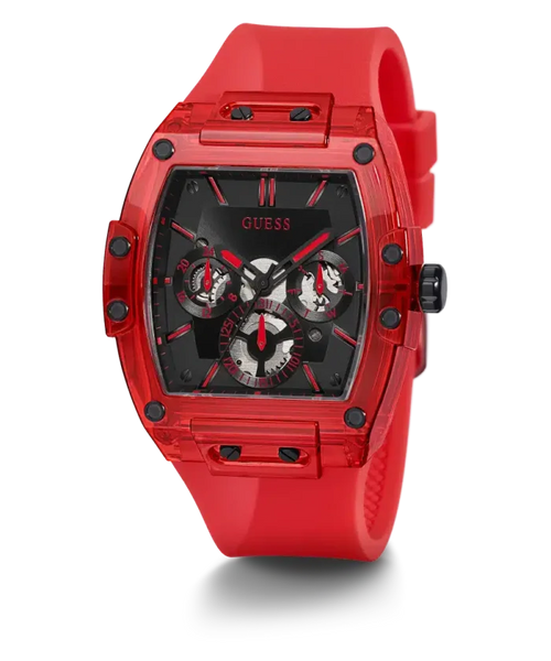 ساعة رجالية من Guess - موديل GW0203G5 | مجموعة Phoenix - تصميم مربع جريء مع حزام سيليكون أحمر