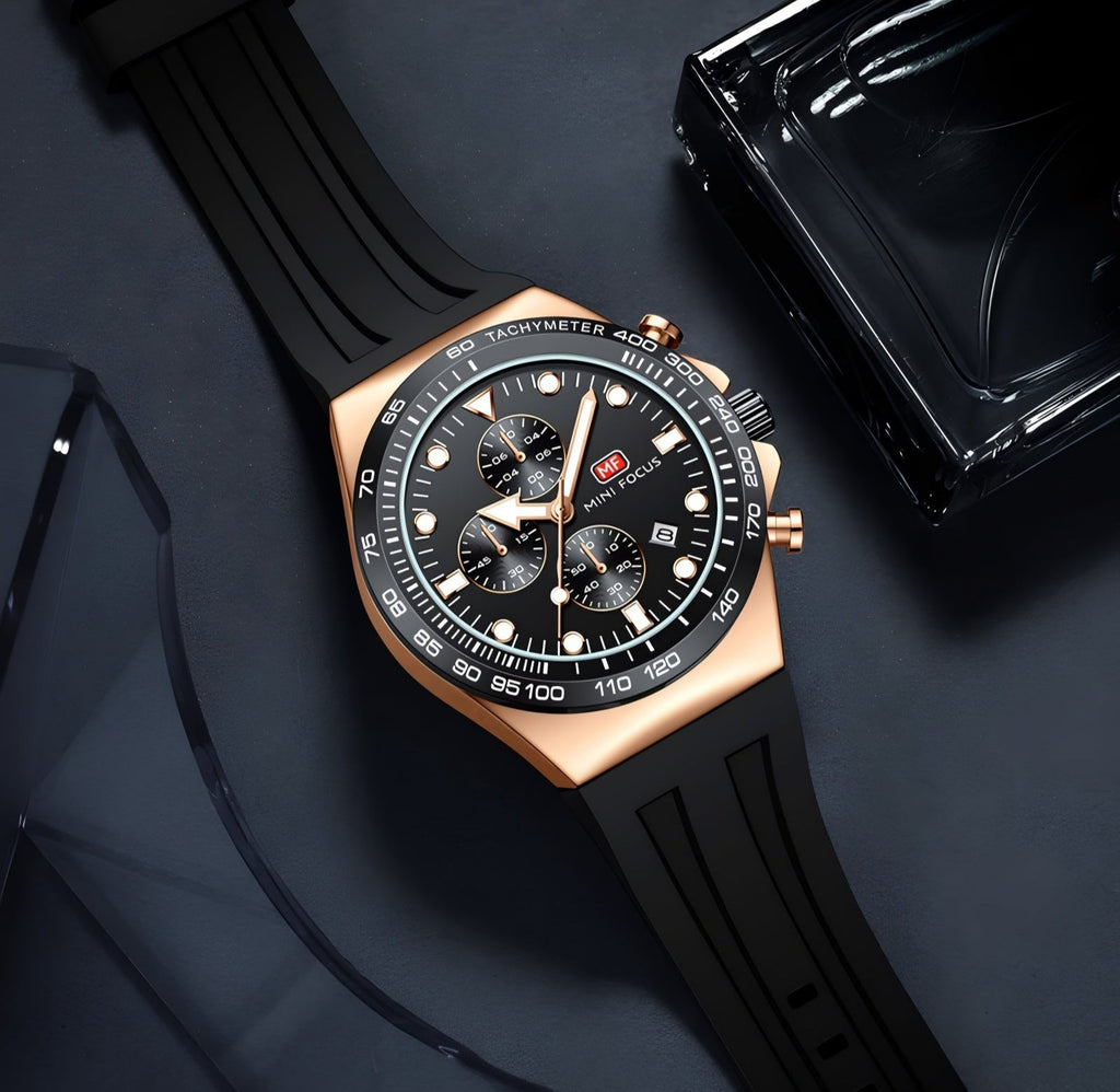 Mini Focus Watch with Black Dial & Rose Gold Case For Men MF0488G