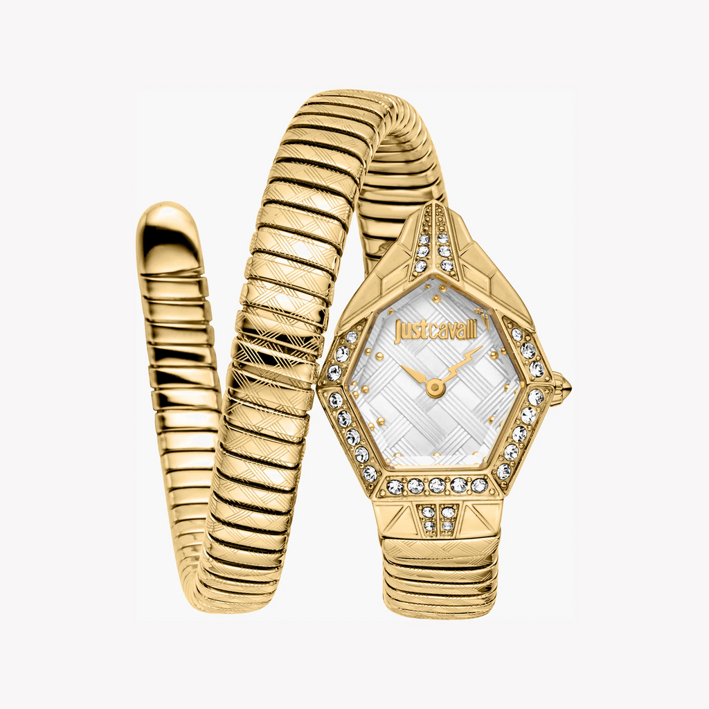 Just Cavalli Ornato Snake Women's Watch – Gold Case & Bracelet with Silver Dial (JC1L303M0025)