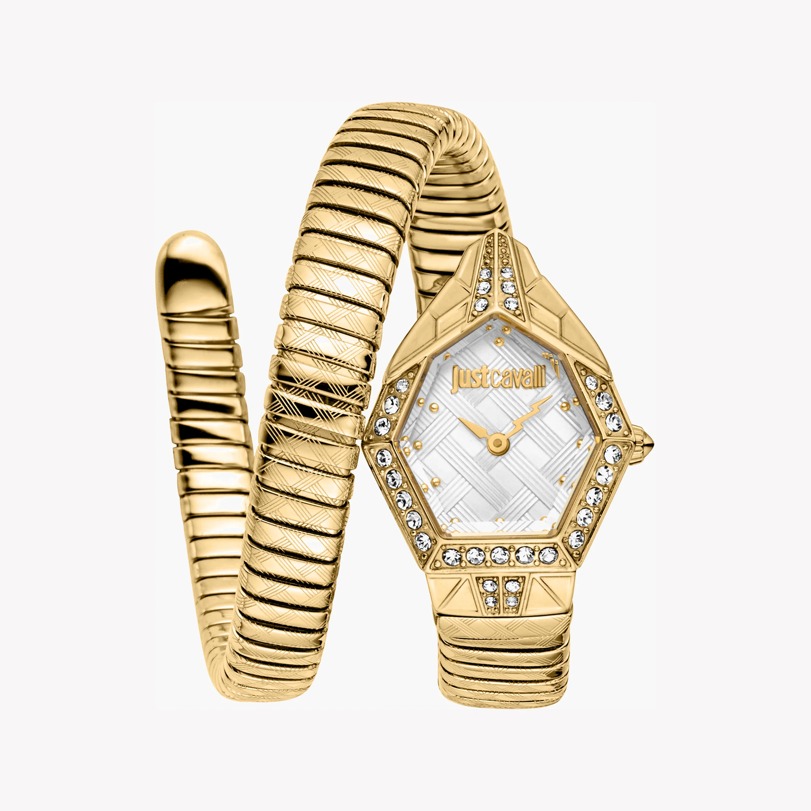 Just Cavalli Ornato Snake Women's Watch – Gold Case & Bracelet with Silver Dial (JC1L303M0025)