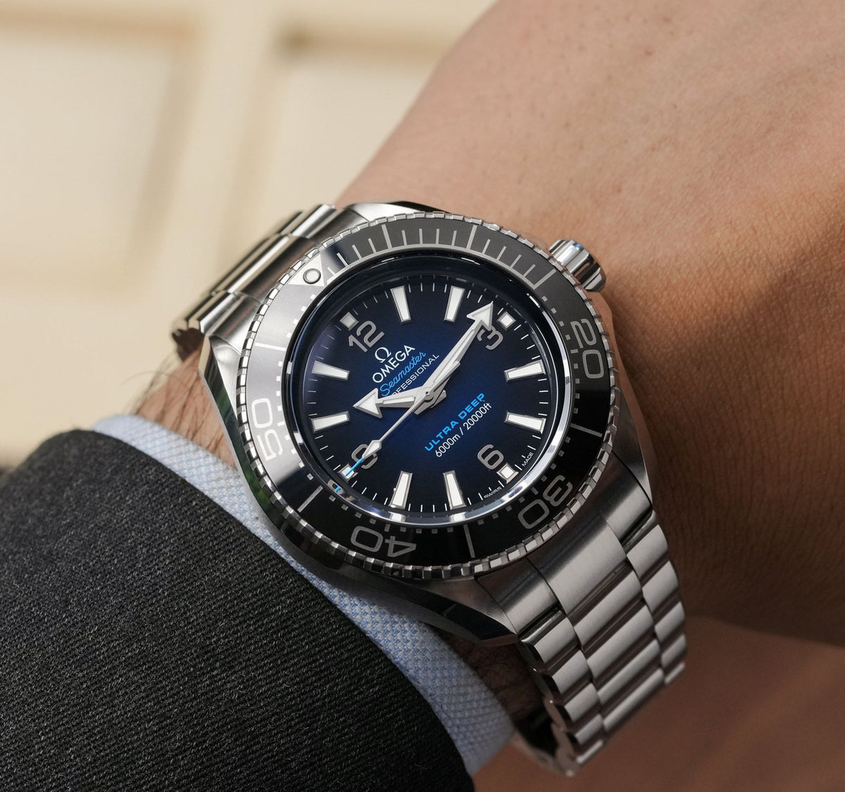 Omega Seamaster Planet Ocean 6000M Co Axial Master Chronometer Blue Dial Silver Steel Strap Watch for Men Automatic size 43.5mm