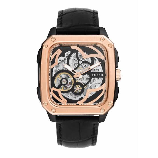 Fossil Inscription Automatic Skeleton Rose Gold Dial Black Leather Strap Watch for Men - BQ2572