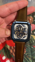 Fossil Inscription Automatic Skeleton Blue Dial Brown Leather Strap Watch for Men - BQ2571