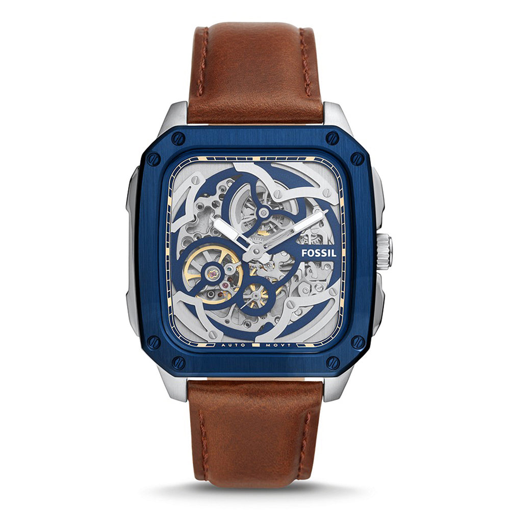 Fossil Inscription Automatic Skeleton Blue Dial Brown Leather Strap Watch for Men - BQ2571